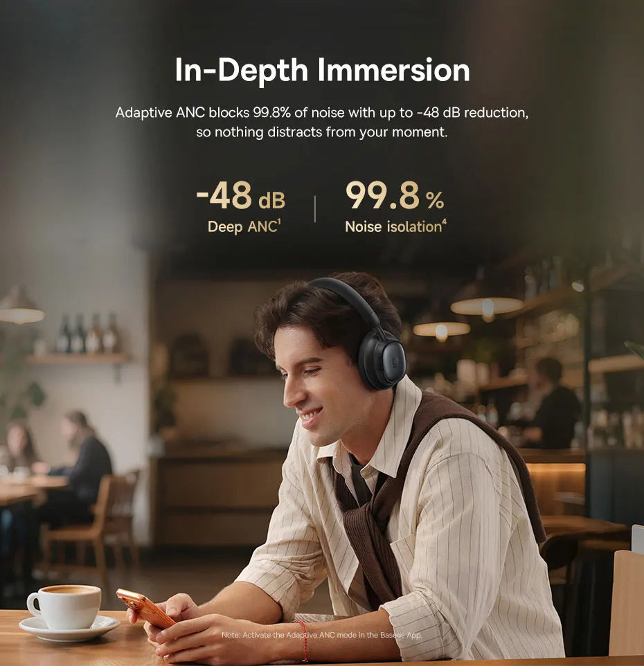 Baseus Bowie MH1 Bluetooth 6.0 Wireless Headphones with 48dB ANC, Hi-Res LDAC Audio, Baseus Bowie MH1 Noise Cancelling Over Ear Headset with 80H Battery