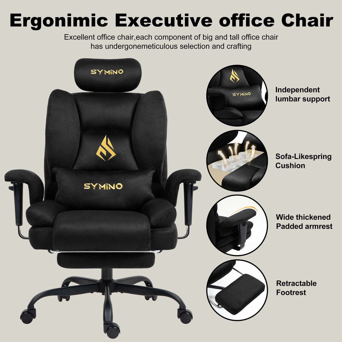 Symino Gaming Chair Faux Suede Office Chair with Footstool, Ergonomic Height Adjustable Swivel Chair, Comfortable Executive Chair for Gaming & Office