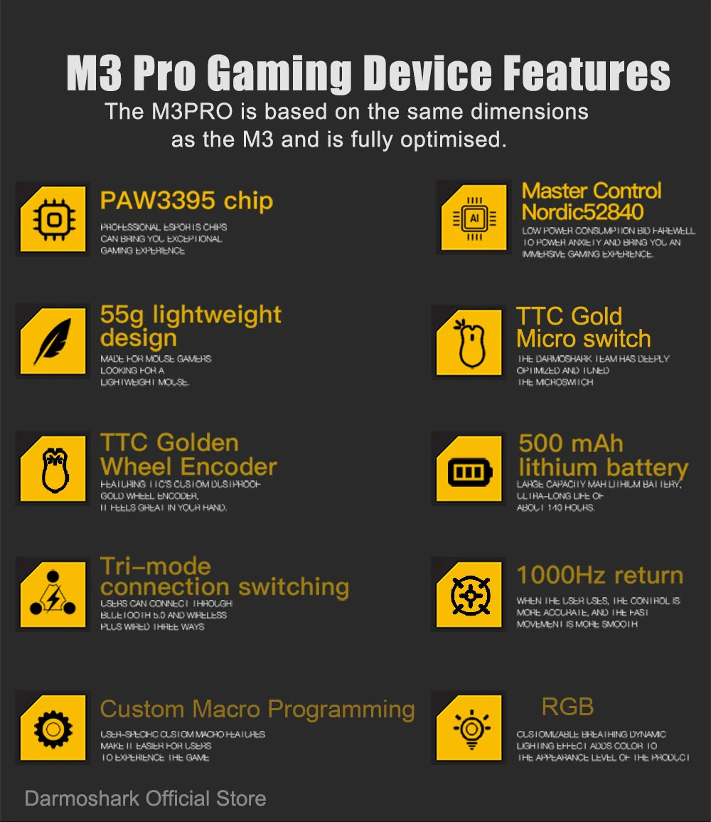 Ratón gaming Darmoshark M3Pro 2.4G BT inalámbrico trimodo con sensor PAW3395 N52840, 26000DPI, para manos grandes, controlador macro para gaming
