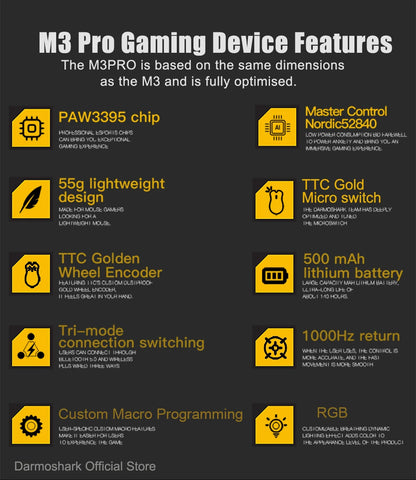Ratón gaming Darmoshark M3Pro 2.4G BT inalámbrico trimodo con sensor PAW3395 N52840, 26000DPI, para manos grandes, controlador macro para gaming