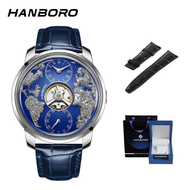 HANBORO World Time Series Men's Fully Automatic Mechanical Watch with Hollow Flywheel World Earth Personality Watch 1026