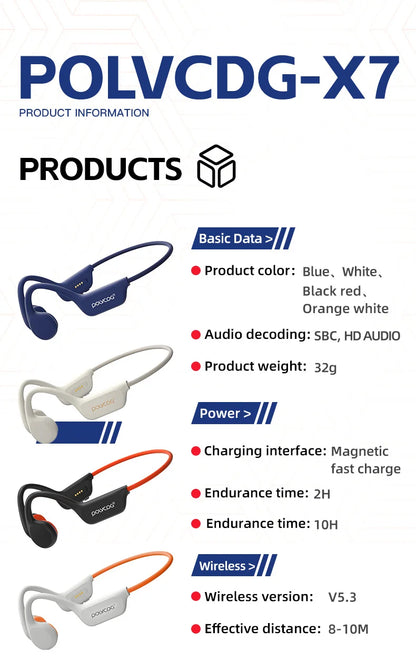 POLVCDG X7 Bone Conduction Headphones Bluetooth 5.3 IPX8 Waterproof Swimming Headset with 32GB MP3 Memory & Microphone