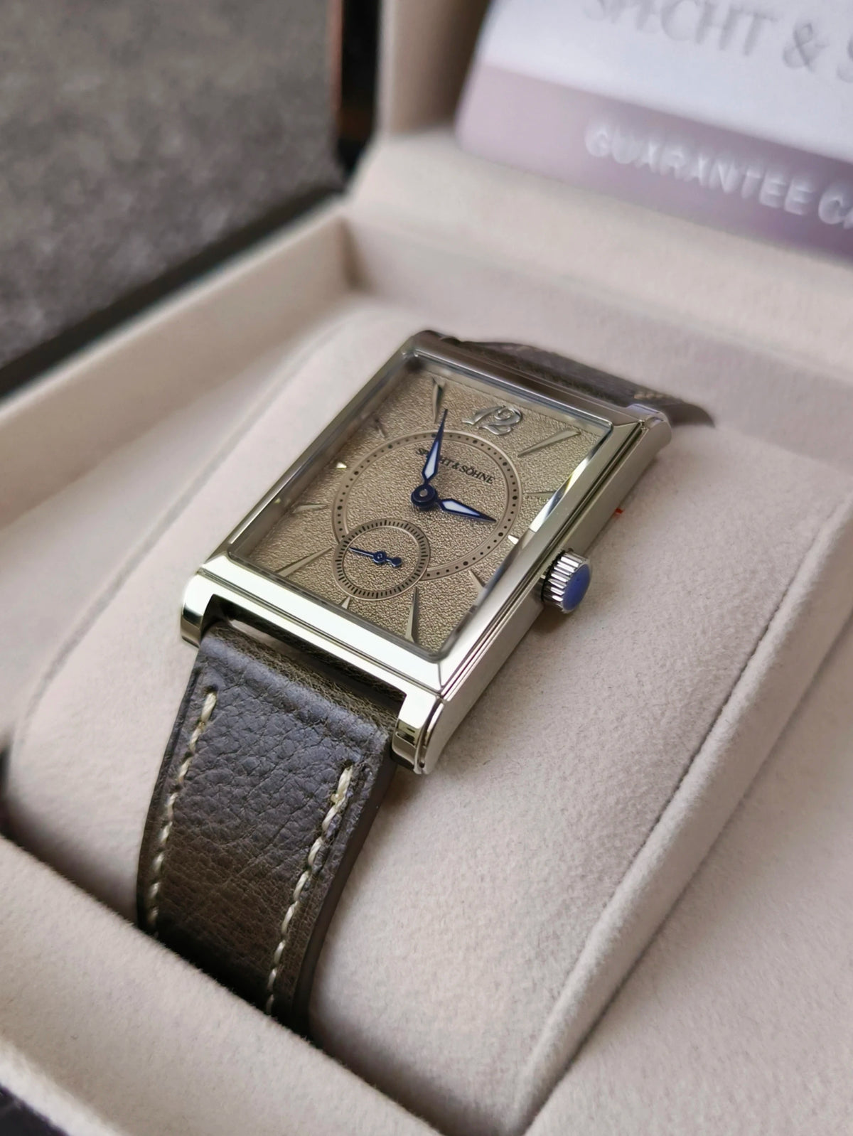 2026 Specht&Söhne Ultra Thin 7.5mm Rectangular Watch Japan Quartz Movt Small Seconds Sandblasted Dial Grey Leather Strap Watch