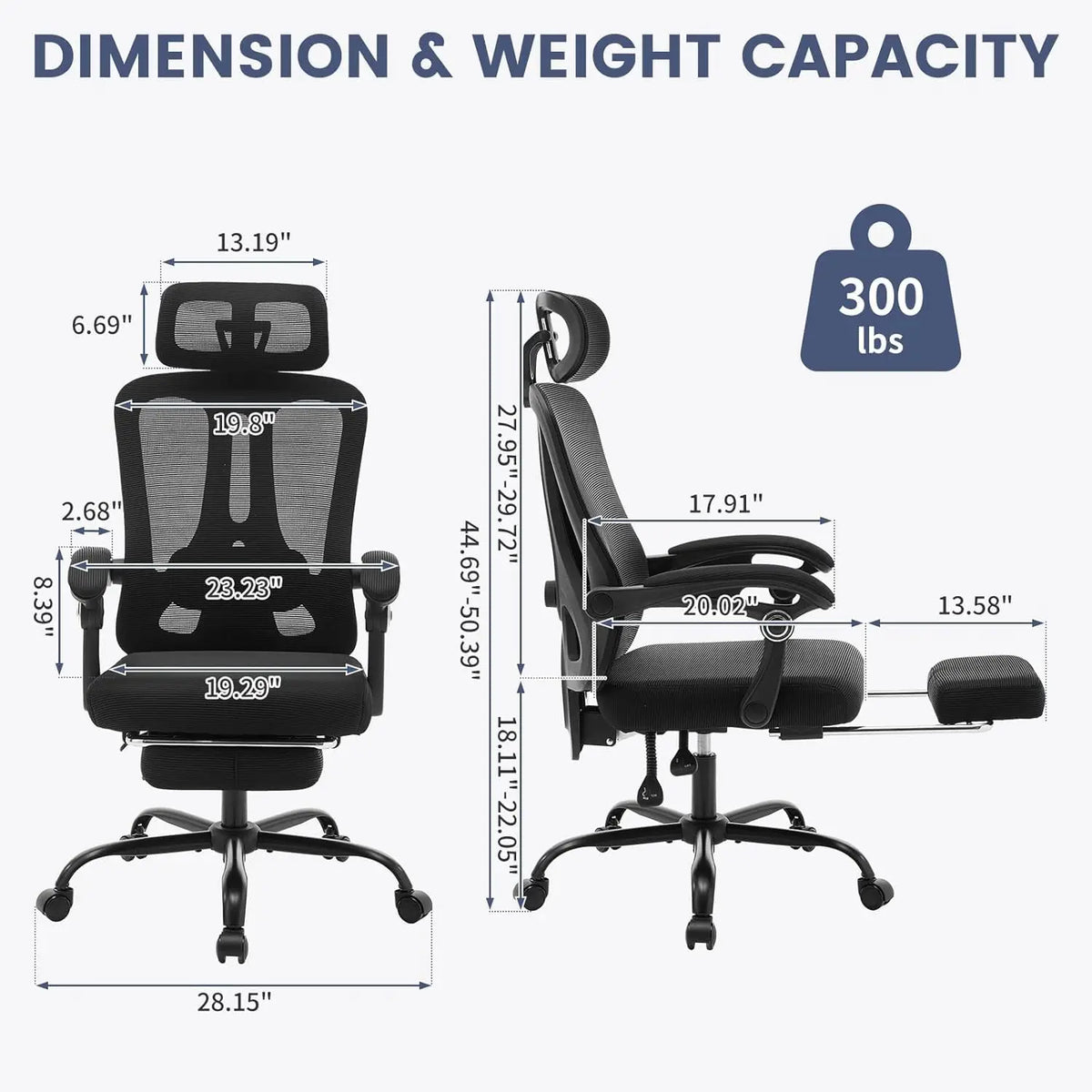Ergonomic Office Chair with Adjustable Lumbar Support & Footrest, High-Back Mesh Gaming Chair, Reclining Home Office Desk Chair with Tilt Mechanism