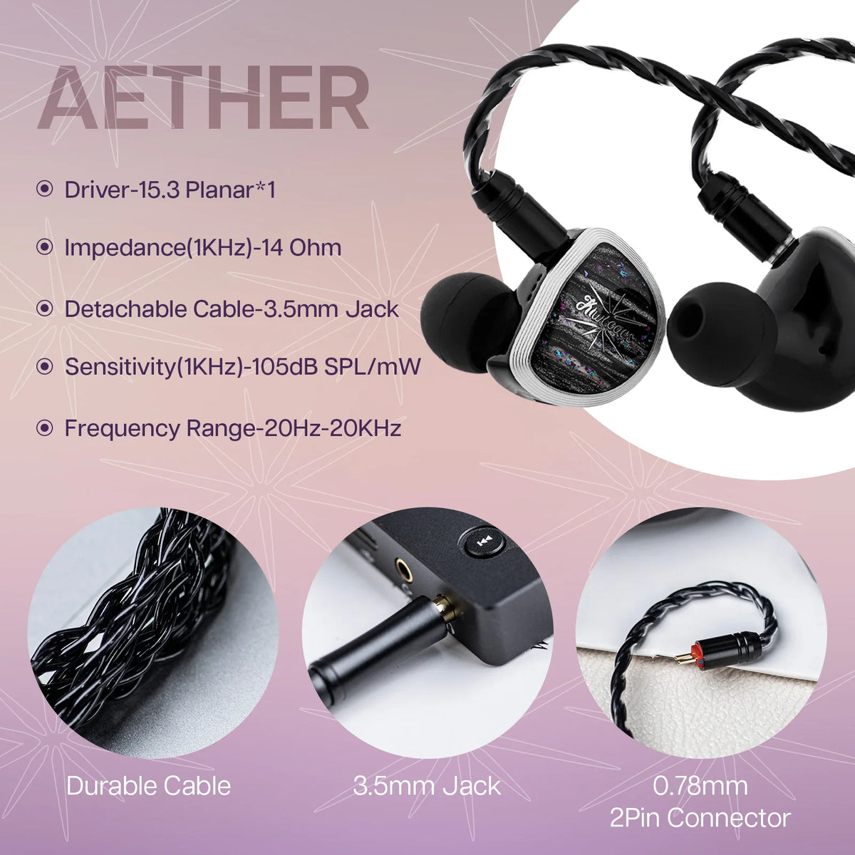 Linsoul Kiwi Ears Aether HiFi Earphones with 15.3mm Planar Driver, Premium Wired IEM Earphones, Detachable Cable System for Gaming & Music