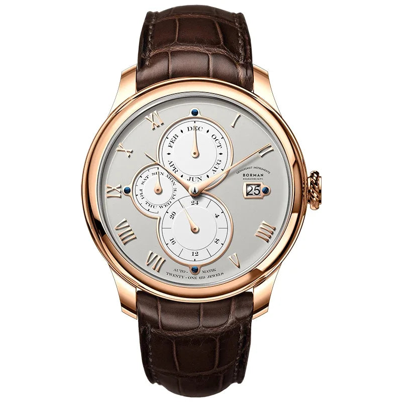 Marca de luxo BORMAN: Relógios mecânicos automáticos para homem, com cristal de safira, resistentes à água até 50 m, mostrador multifunções e bracelete em pele de estilo retro – BM18011
