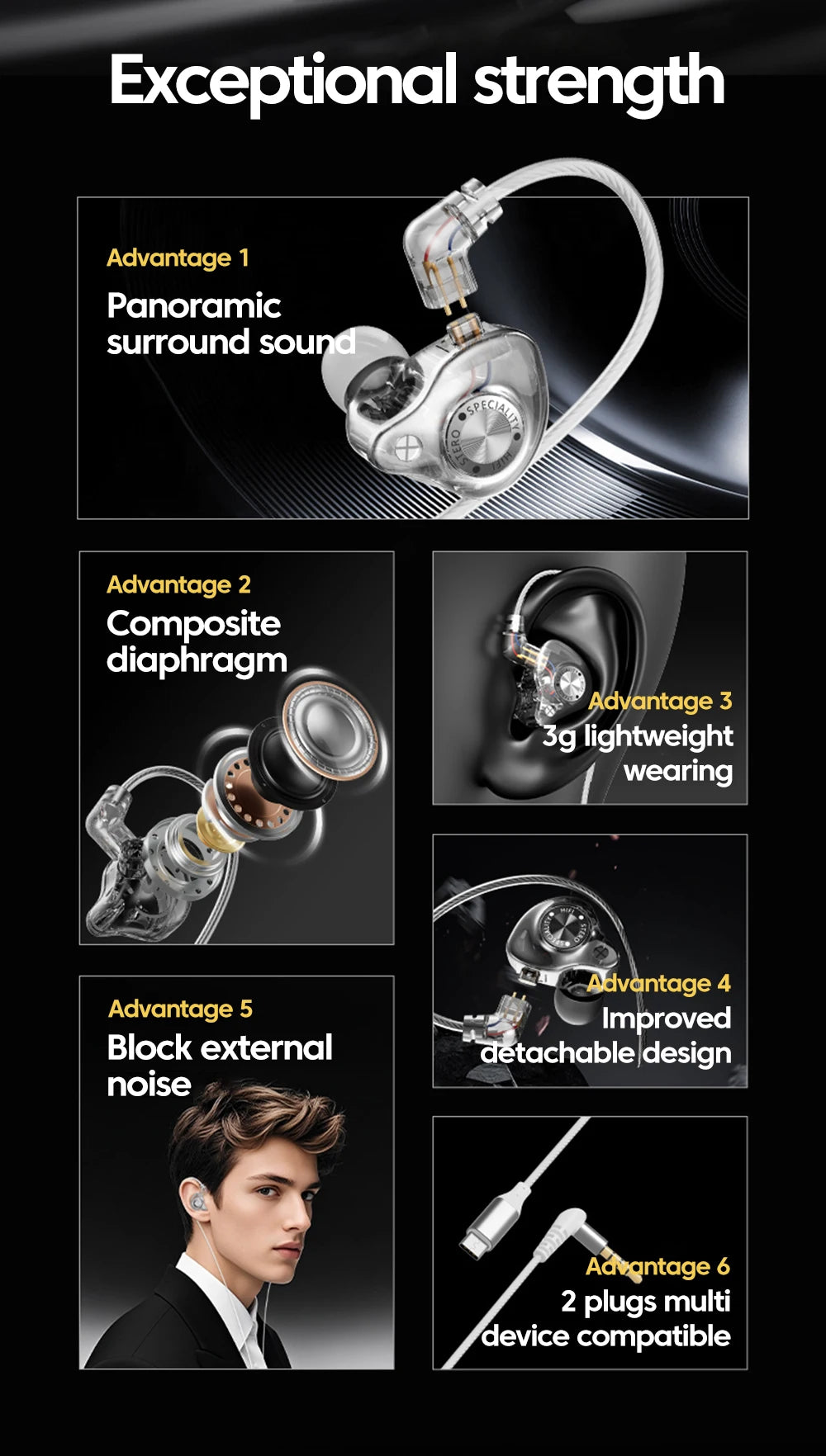 Auscultadores intra-auriculares 15D Super Bass originais com microfone – Auscultadores com fio para jogos com conector Type-C e AUX de 3,5 mm, auscultadores Hi-Fi com cancelamento de ruído e graves profundos para iPhone e Android