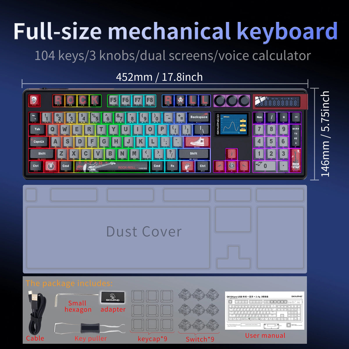 Teclado mecánico inalámbrico SKYLOONG GK104 Pro 100% personalizado, teclado con interruptores intercambiables en caliente de bajo ruido para PC gamer y accesorios de oficina