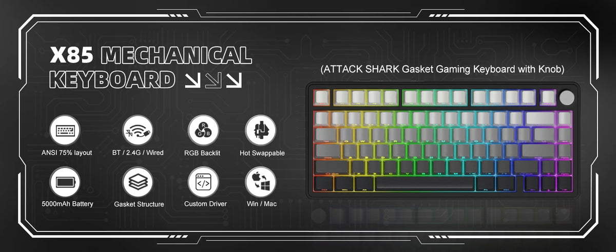 ATTACK SHARK X85 Tri-Mode Mechanical Keyboard 75% Gasket Keyboard with CNC Knob, Hot Swappable RGB Wireless Gaming Keyboard for PC, Mac & Laptop
