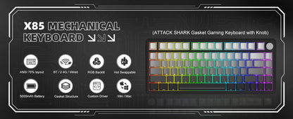 ATTACK SHARK X85 Tri-Mode Mechanical Keyboard 75% Gasket Keyboard with CNC Knob, Hot Swappable RGB Wireless Gaming Keyboard for PC, Mac & Laptop