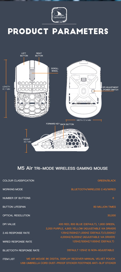 Mouse gaming wireless Darmoshark M5Air in fibra di carbonio forgiata 8K PAW3950 30K DPI per mani piccole, presa fingertip, macro di gioco, ultraleggero