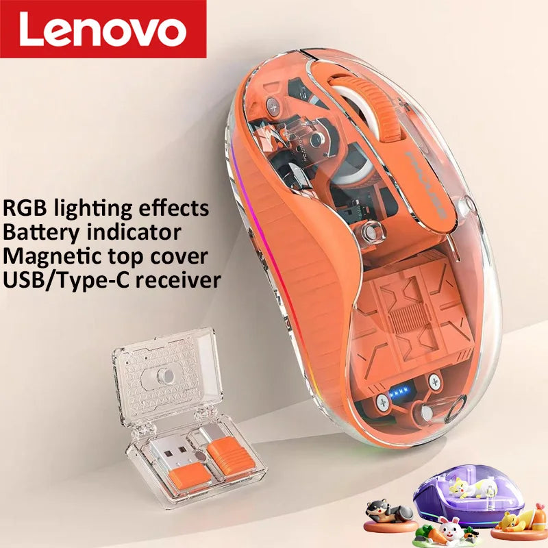 Lenovo Transparent Wireless Mouse Tri-Mode Bluetooth 2.4G Rechargeable RGB Breathing Light Mouse for Laptop PC Office