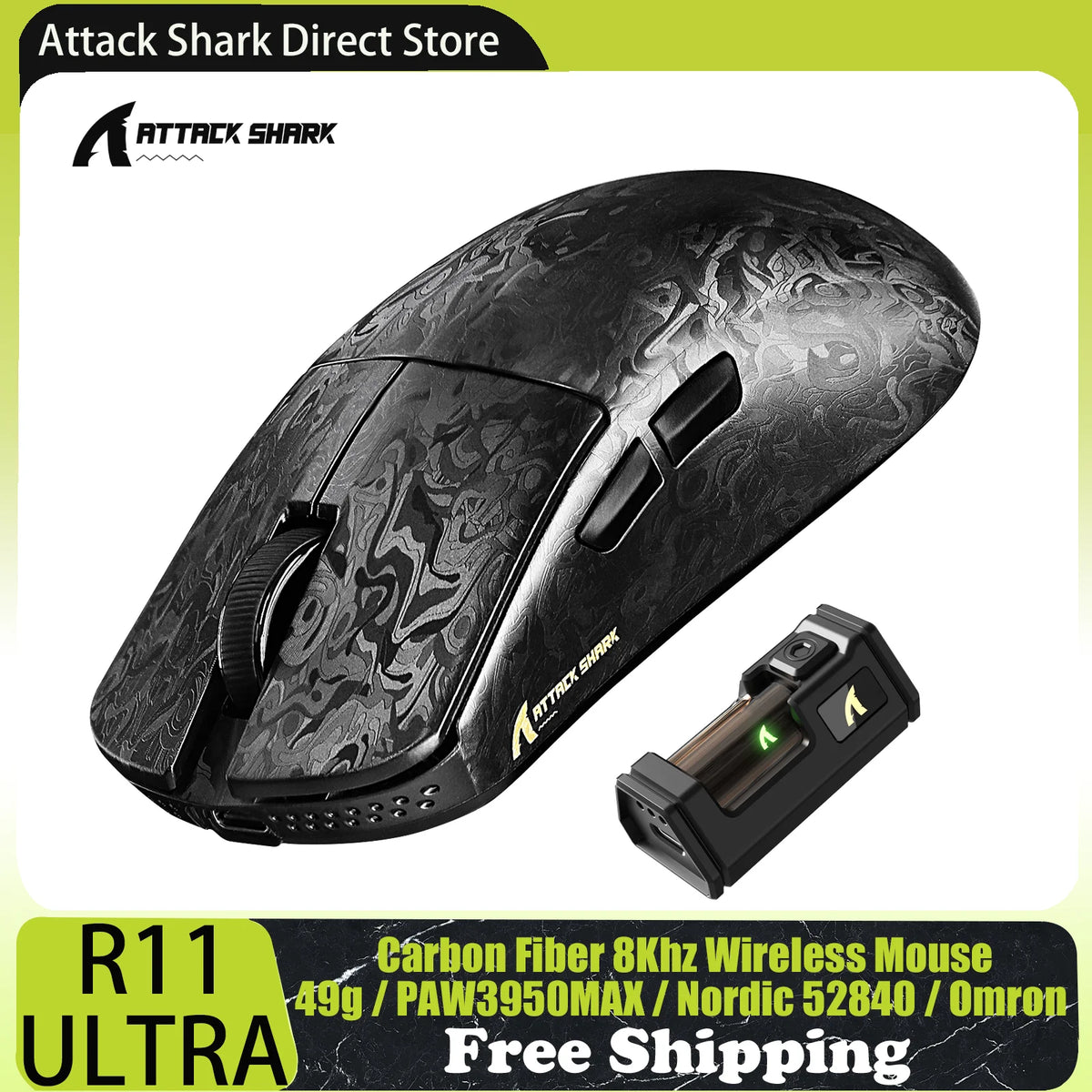 ATTACK SHARK R11 ULTRA brezžična gaming miška iz ogljikovih vlaken, 8000Hz, PAW3950MAX, 42000DPI, lahka 49g, 20000FPS, Nordic 52840