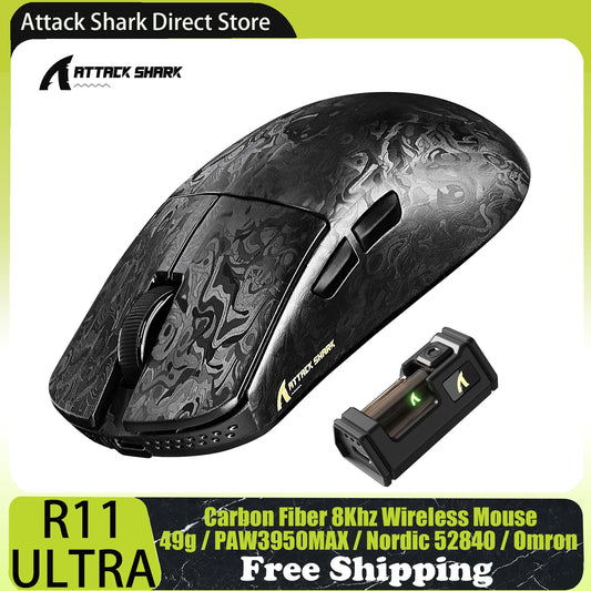 ATTACK SHARK R11 ULTRA brezžična gaming miška iz ogljikovih vlaken, 8000Hz, PAW3950MAX, 42000DPI, lahka 49g, 20000FPS, Nordic 52840