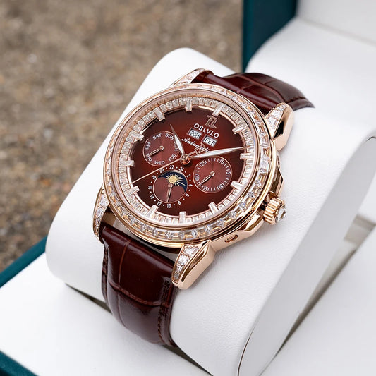 OBLVLO Men Automatic Watch 40mm Mechanical Wristwatch 5ATM Luminous Crystal Bezel Year,Month,Week,Date,24 Hours TY1655 Mov.