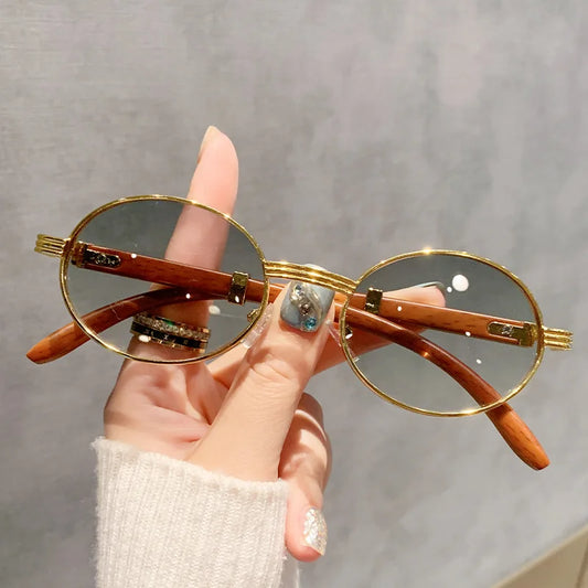 New Fashion Oval Sunglasses Men UV400 Sun Glasses Women Vintage Brand Designer Eyewear Imitation Wood Grain Sunglass