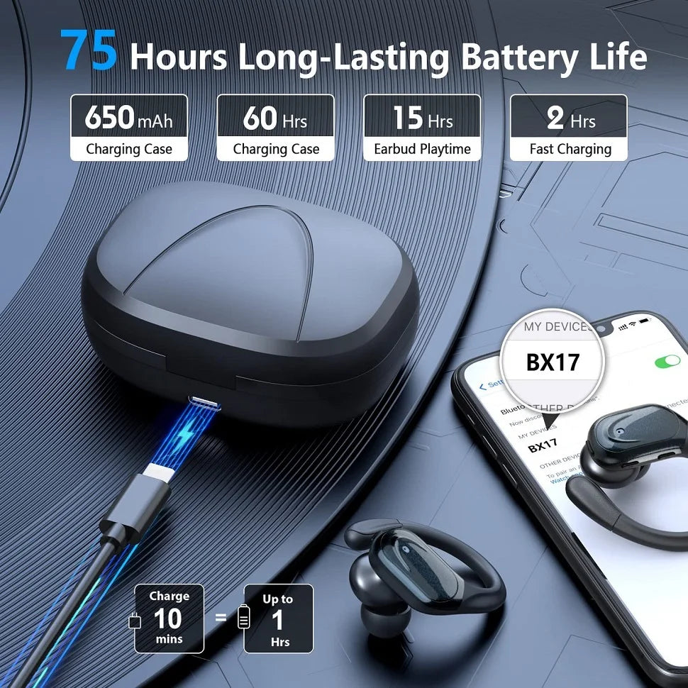 Bluetooth 5.3 Earphones True Wireless Headphones – Bluetooth 5.3 Earphones with Mic, Sports Earhooks, Noise Reduction, Waterproof TWS Bluetooth 5.3 Earphones for Running, Gym & Outdoor Use