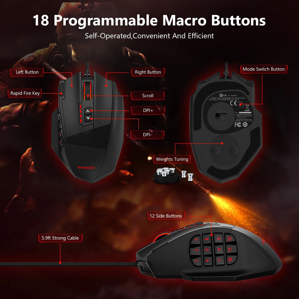 Mouse gaming programmabile E-YOOSO X-39, mouse RGB cablato con 18 pulsanti, 8 pesi removibili, 5 DPI, impugnatura ergonomica per computer
