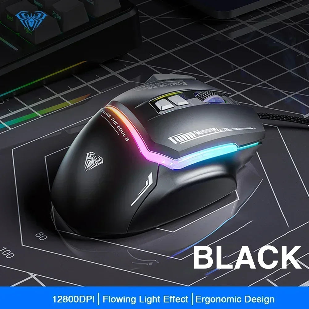 Ratón mecánico con cable AULA S12Pro 1000HZ 12800DPI RGB de baja latencia con macros configurables para esports, accesorios gaming para PC