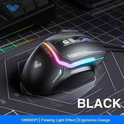 Ratón mecánico con cable AULA S12Pro 1000HZ 12800DPI RGB de baja latencia con macros configurables para esports, accesorios gaming para PC