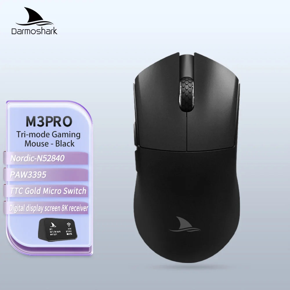 Ratón gaming Darmoshark M3Pro 2.4G BT inalámbrico trimodo con sensor PAW3395 N52840, 26000DPI, para manos grandes, controlador macro para gaming