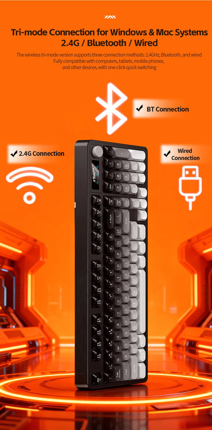 98 key Wireless Keyboard Knob Control BT/2.4g/Wired,RGB LED Backlight Display,2000mA Battery for PC/Laptop