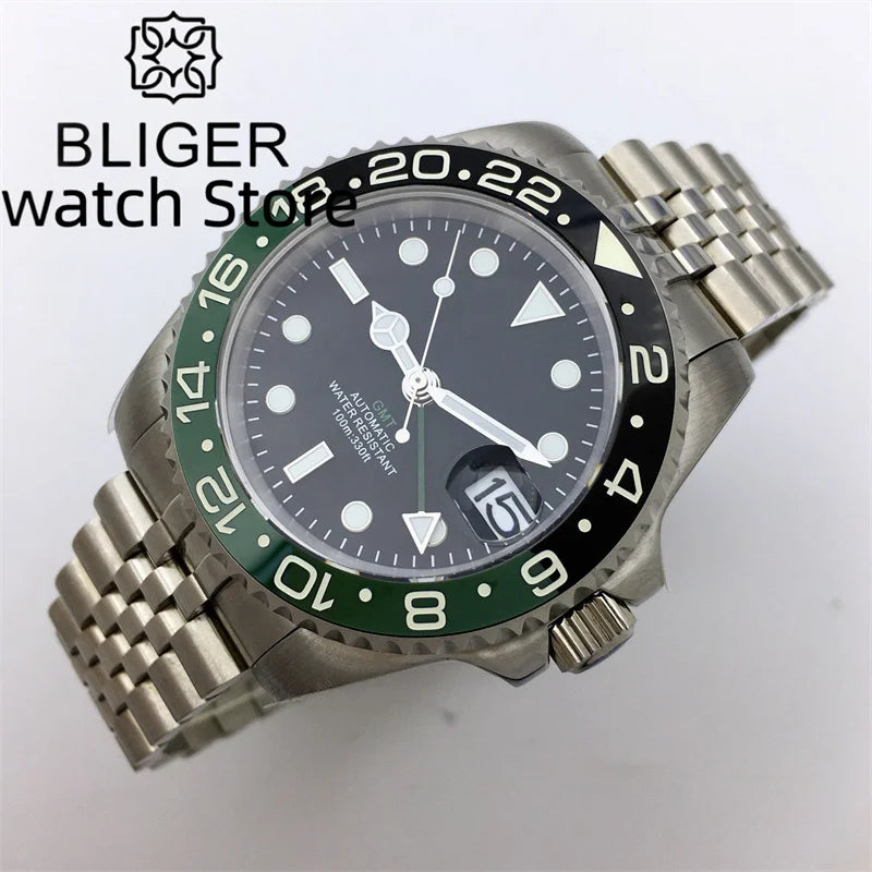 BLIGER 40mm NH34 GMT Watch For Men Mechanical Wristwatch Luminous Bezel Sapphire Glass Stainless Steel Bracelet Reloj Hombre