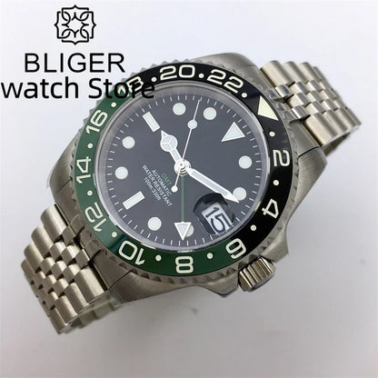 BLIGER 40mm NH34 GMT Watch For Men Mechanical Wristwatch Luminous Bezel Sapphire Glass Stainless Steel Bracelet Reloj Hombre