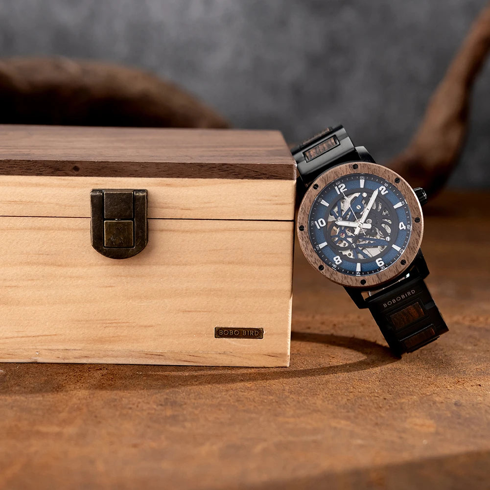 Automatic Mechanical Watch BOBO BIRD New Top Business Men Wooden Wristwatch Unique Custom Engraved Watches Christmas Gift Box