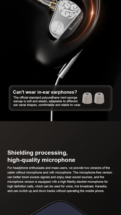 Zhulinniao JingHong Z3 HiFi Earphones Dual Dynamic Driver In-Ear Headphones, High-Fidelity Metal Music Monitor Earbuds with Wired & Bluetooth Audio