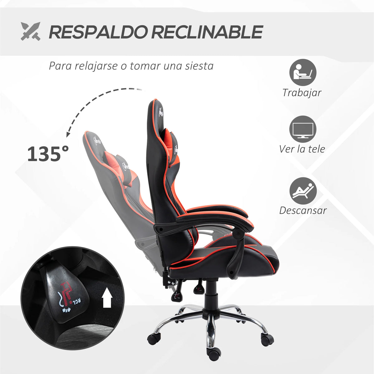 Vinsetto Gaming Chair Adjustable Height Ergonomic Gaming Chair with Reclining Backrest, Lumbar Support, Headrest & 360° Swivel Racing Style Office Chair Red