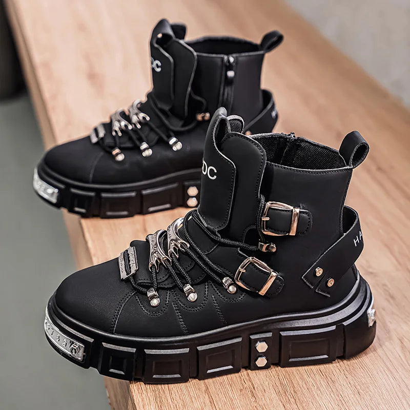 Fashion Rivet Black High top Sneakers Men Leather Design Luxury Shoes Street Gothic Punk Boots Men Motorcycle Boots Big Size 46