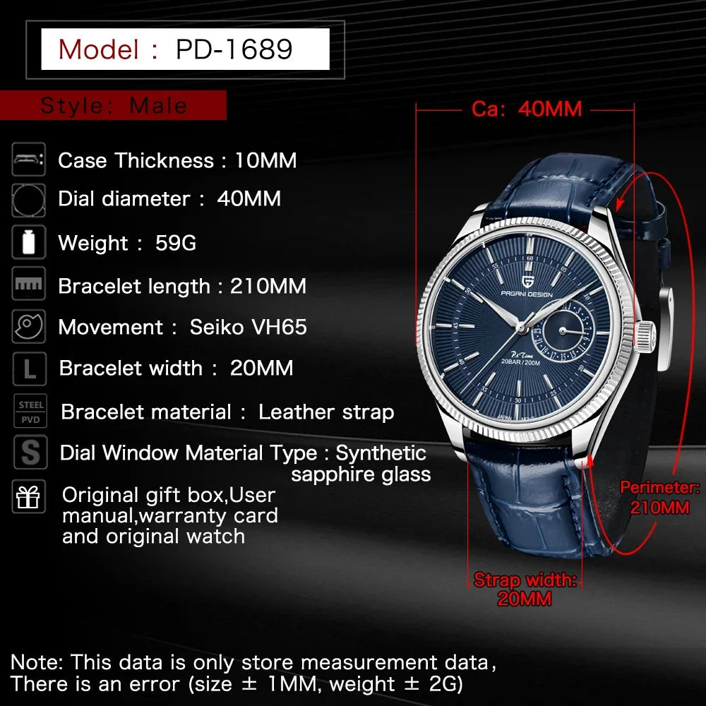 PAGANI Design PD1689 Men Quartz Watch Japan VH65 Movt Sapphire Glass Leather Strap 20Bar Waterproof Men Wristwatch Reloj Hombre