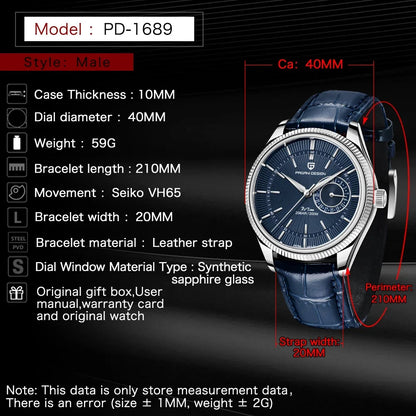 PAGANI Design PD1689 Men Quartz Watch Japan VH65 Movt Sapphire Glass Leather Strap 20Bar Waterproof Men Wristwatch Reloj Hombre