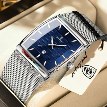POEDAGAR Men’s Luxury Rectangle Quartz Watch Stainless Steel Mesh Strap, Luminous Dial & Date