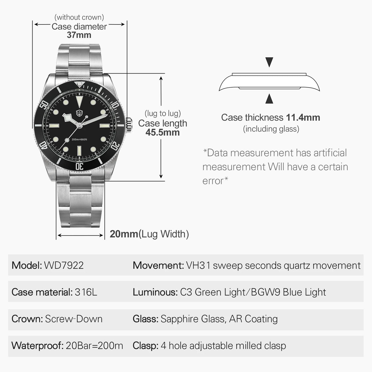 Watchdives WD7922 Quartz Watch Men VH31 Movement Sapphire Crystal 200m Waterproof Wristwatch Luminous 37mm Vintage BB54 Watches