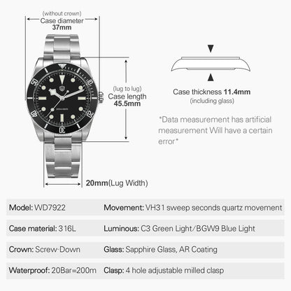 Watchdives WD7922 Quartz Watch Men VH31 Movement Sapphire Crystal 200m Waterproof Wristwatch Luminous 37mm Vintage BB54 Watches