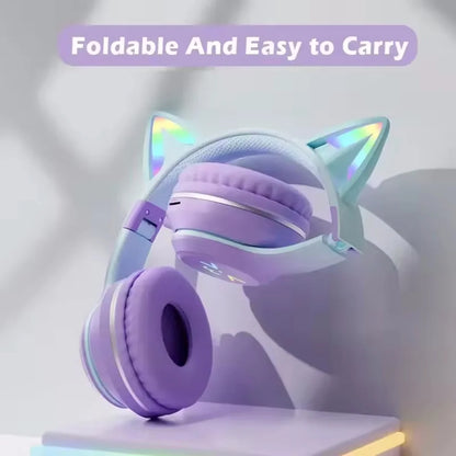 RGB Cat Ear Bluetooth Headphones Wireless Gaming Headset with Microphone, Cute LED Light Stereo Music Headphones for Kids Girls Gifts