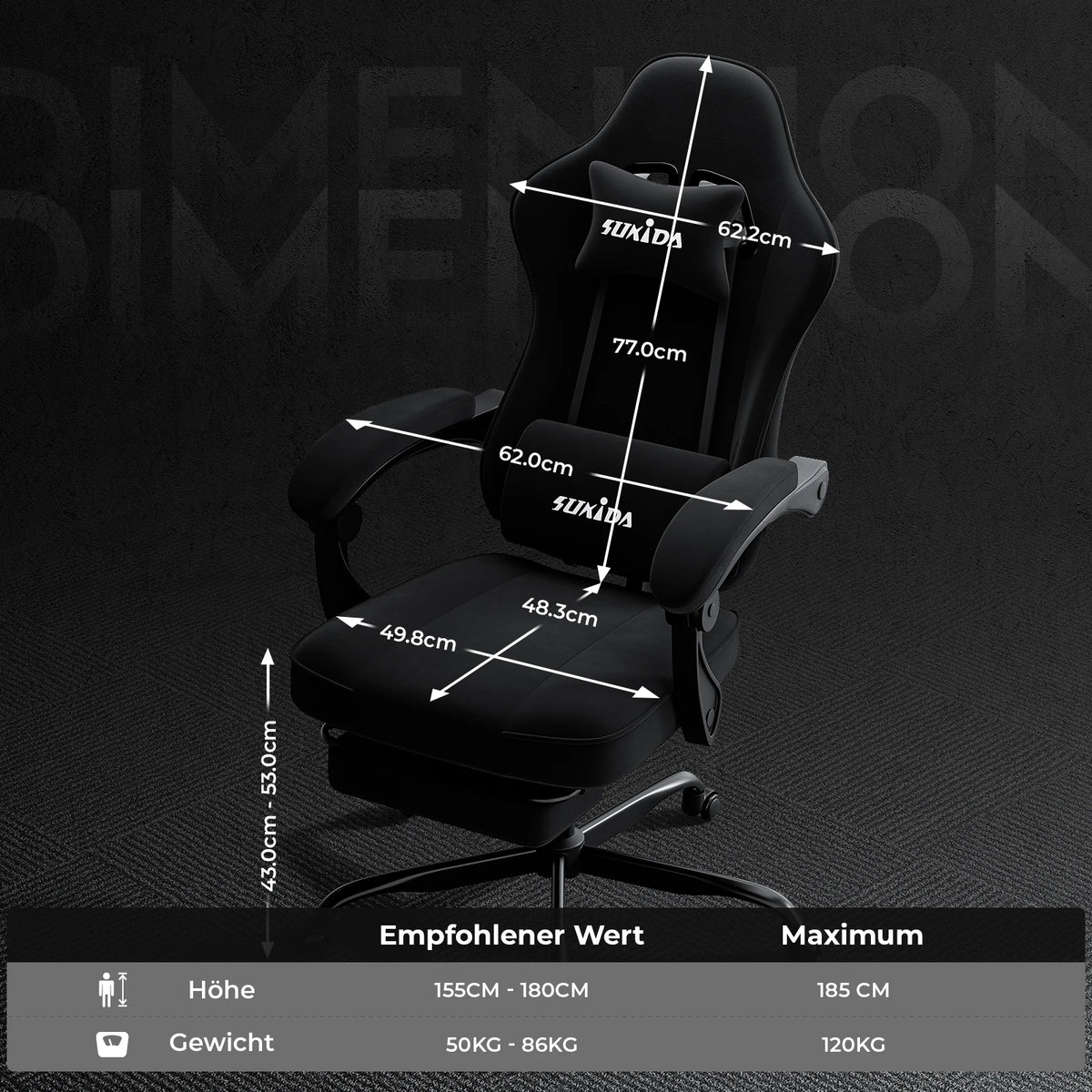 SUKIDA Gaming Chair with Footrest, Ergonomic Racing Style PC Chair with Lumbar Support, Adjustable Office Gaming Chair for Comfort and Work