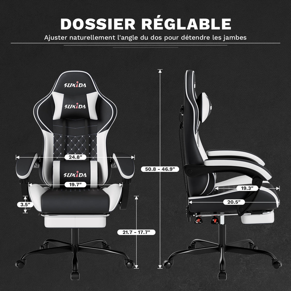SUKIDA Ergonomic Gaming Chair with Footrest, Lumbar Support Computer Chair, Comfortable Office Chair with Adjustable Reclining Backrest