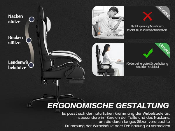 WOTSTA Gaming Chair with Footrest Ergonomic Gamer Chair, Adjustable Lumbar Support, Headrest, Reclining Computer Chair for Gaming & Office