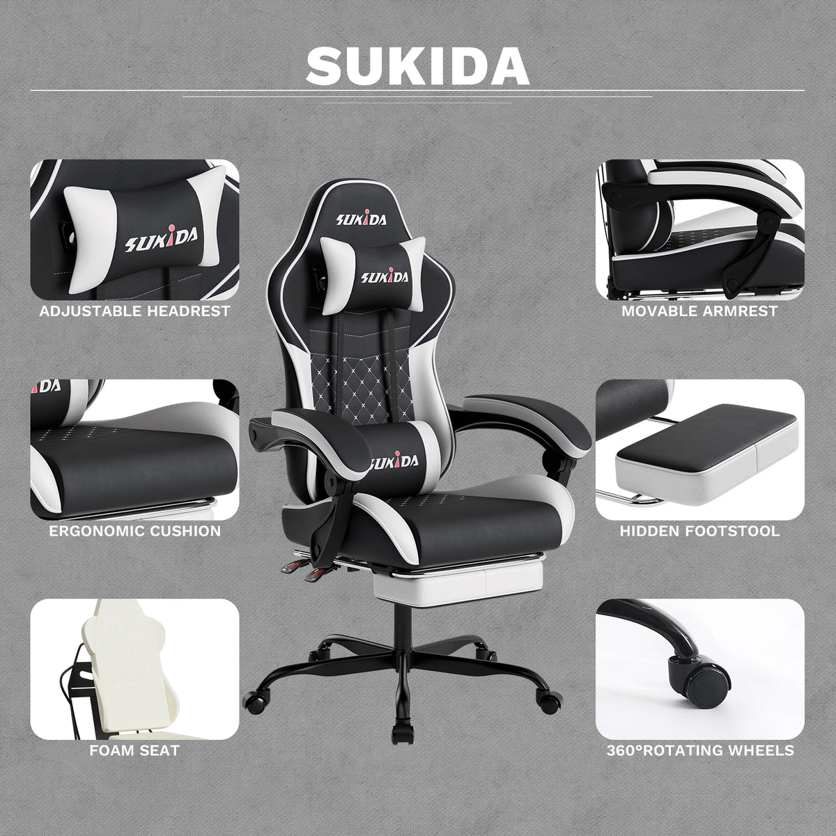 SUKIDA Ergonomic Gaming Chair with Footrest, Lumbar Support Computer Chair, Comfortable Office Chair with Adjustable Reclining Backrest