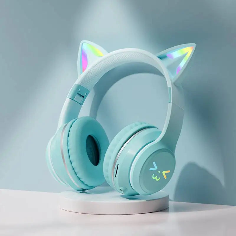 RGB Cat Ear Bluetooth Headphones Wireless Gaming Headset with Microphone, Cute LED Light Stereo Music Headphones for Kids Girls Gifts