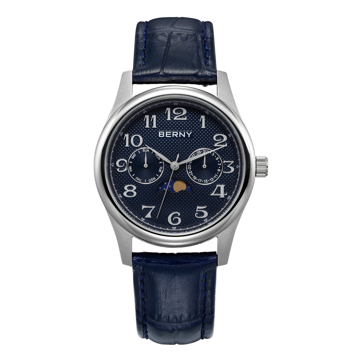 BERNY Watches for Men Moon Phase Quartz Men's Watch Day and Date Calendar Easy Read Vintage-Style Business Dress Wristwatch