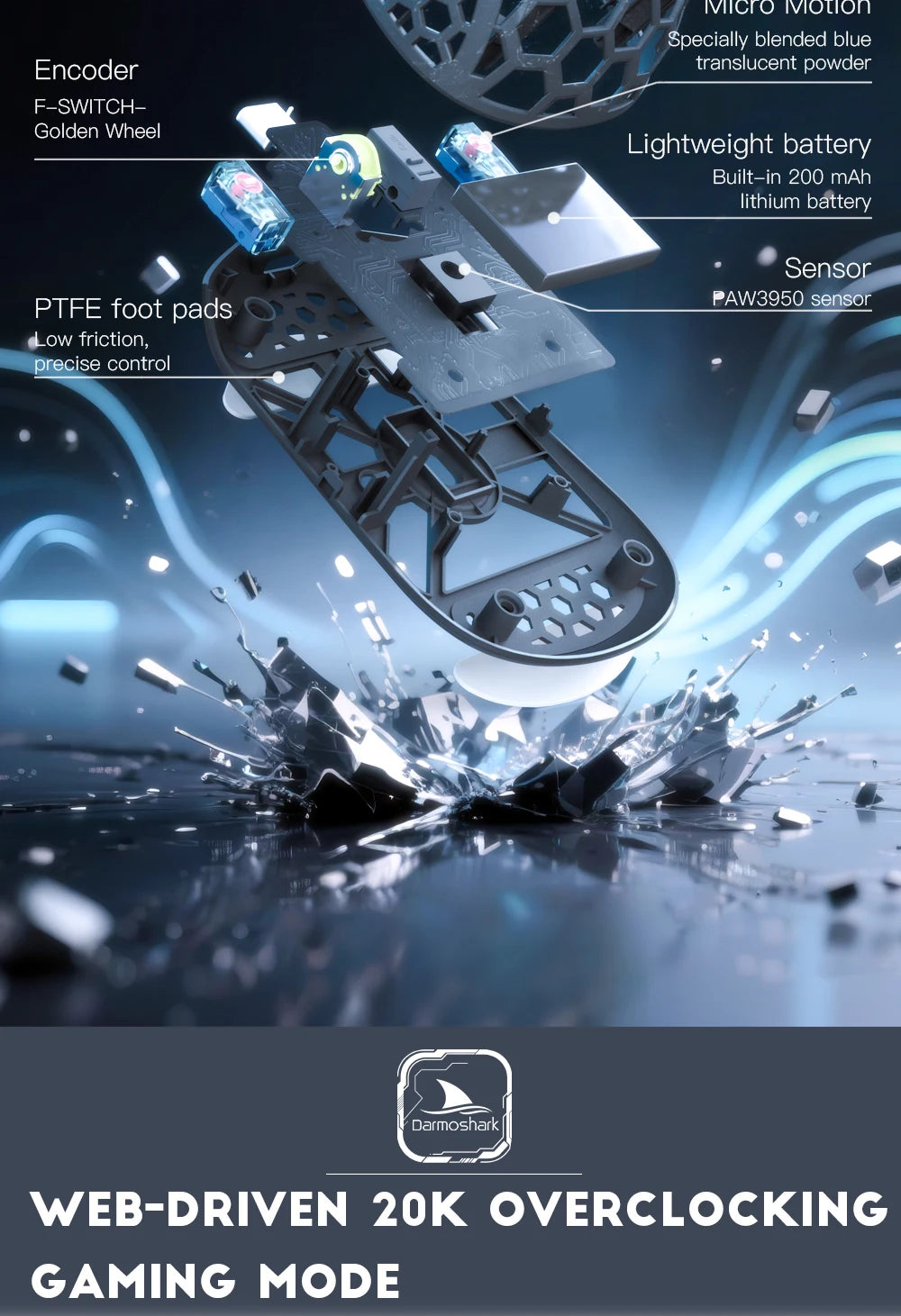 Mouse gaming wireless Darmoshark M5Air in fibra di carbonio forgiata 8K PAW3950 30K DPI per mani piccole, presa fingertip, macro di gioco, ultraleggero