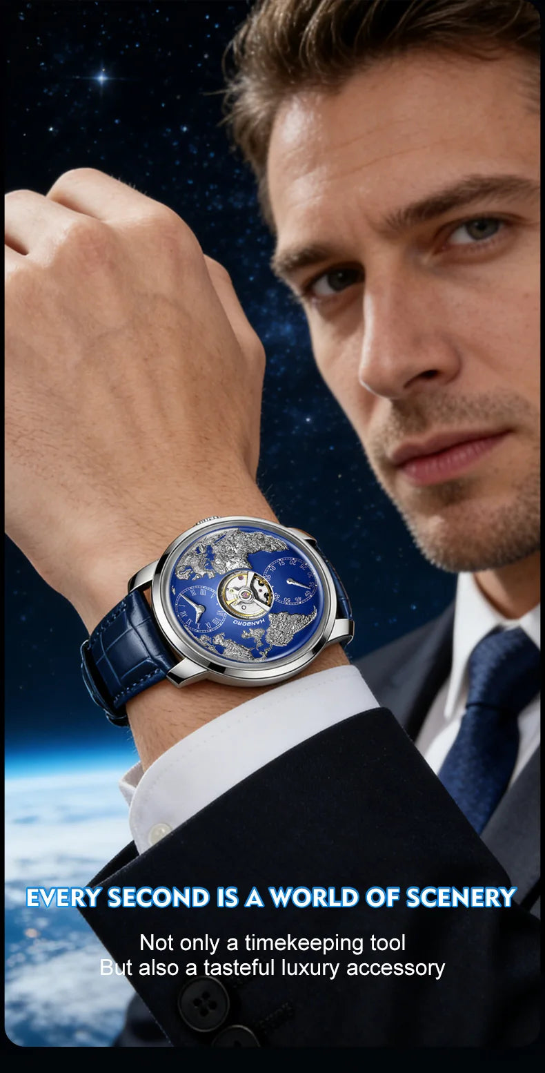 HANBORO World Time Series Men's Fully Automatic Mechanical Watch with Hollow Flywheel World Earth Personality Watch 1026