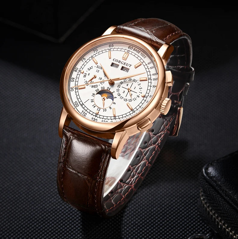 CORGEUT Automatic Mechanical Luxury Watches For Man Business Multification Date Day Month Year 316L Mechanical Men's Watches