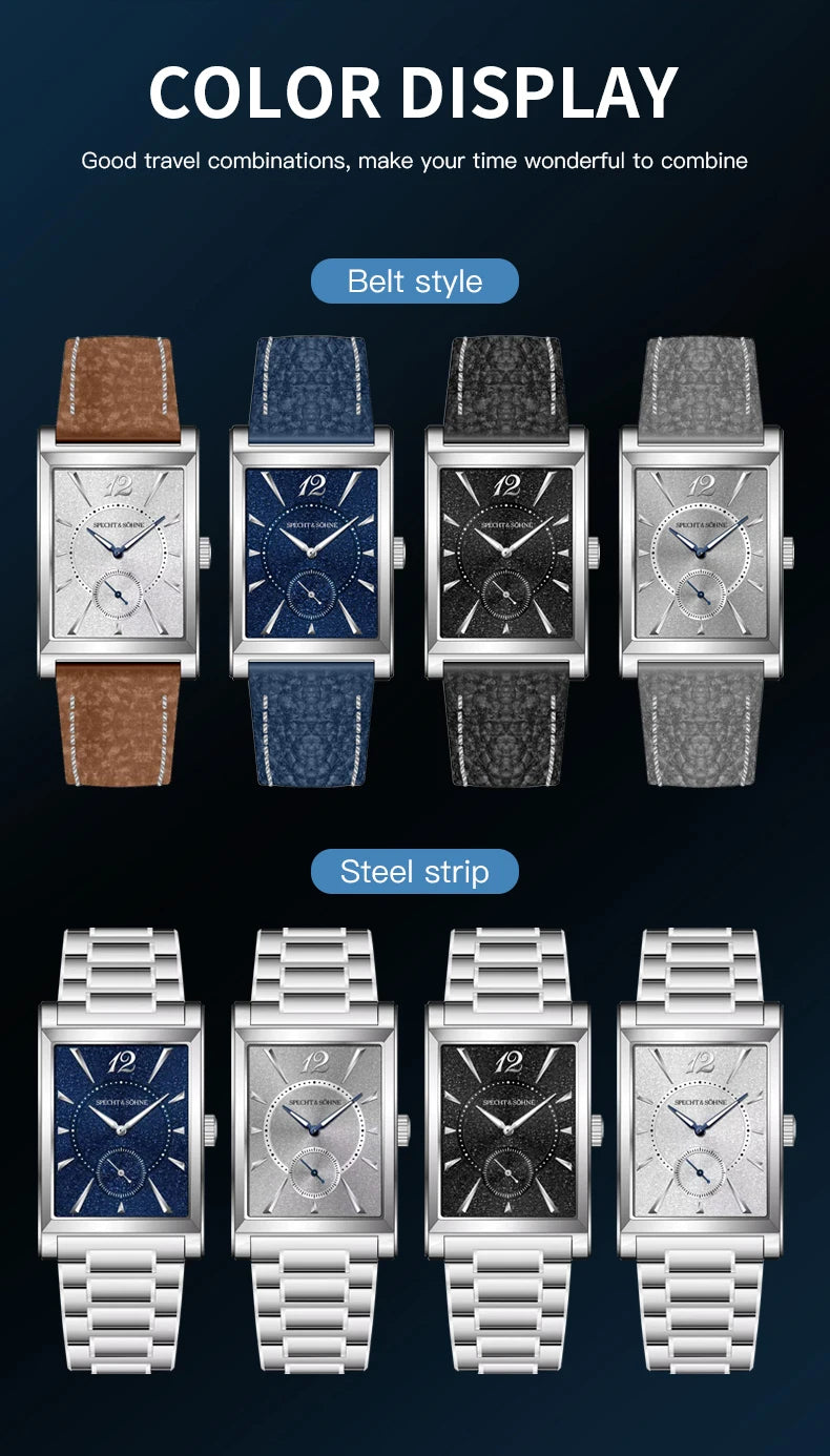 2026 Specht&Söhne Ultra Thin 7.5mm Rectangular Watch Japan Quartz Movt Small Seconds Sandblasted Dial Grey Leather Strap Watch