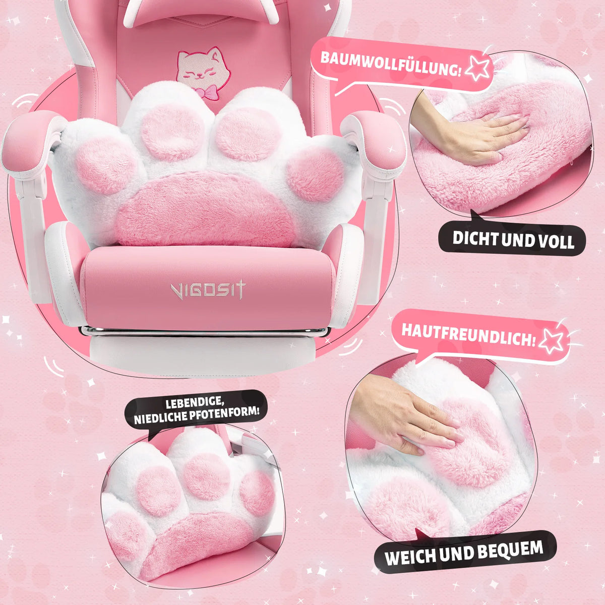 VIGOSIT Gaming Chair with Cute Cat Ears, Ergonomic Computer Gaming Chair for Girls, Kawaii Pillow, Lumbar Support, Adjustable Reclining Gamer Chair