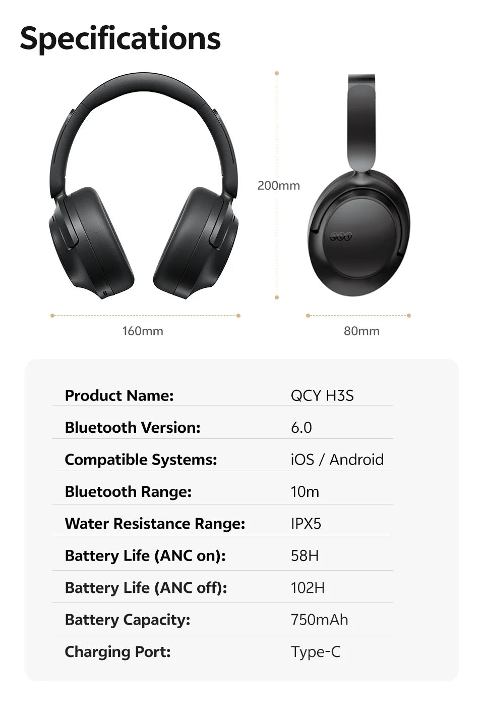 QCY H3S – Adaptiver ANC-Over-Ear-Bluetooth 6.0-Kopfhörer mit -56dB – Hi-Res LDAC Wireless-Headset, 102H Akku, räumlicher Klang mit Dual-Treiber